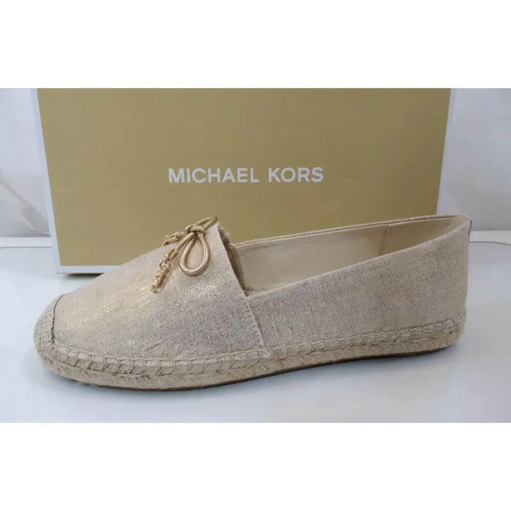 Michael Kors Nori Slip On Size 7 Espadrille MK Logo Metallic Linen Pale Gold